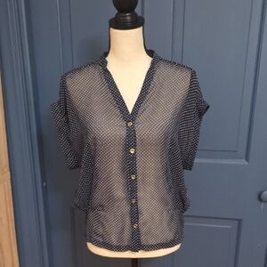 Topshop Navy Sheer Polka Dot Button-Up Blouse Sz 6